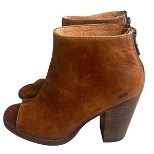 Bed Stu Women Brown Leather Peep Toe Heeled Ankle Boots‎ Size 8.5 euc back zip